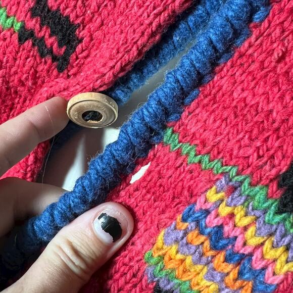 Amiano Handknit Bolivia Wool Cardigan Red Folk Art Sweater Vintage - Picture 7 of 9